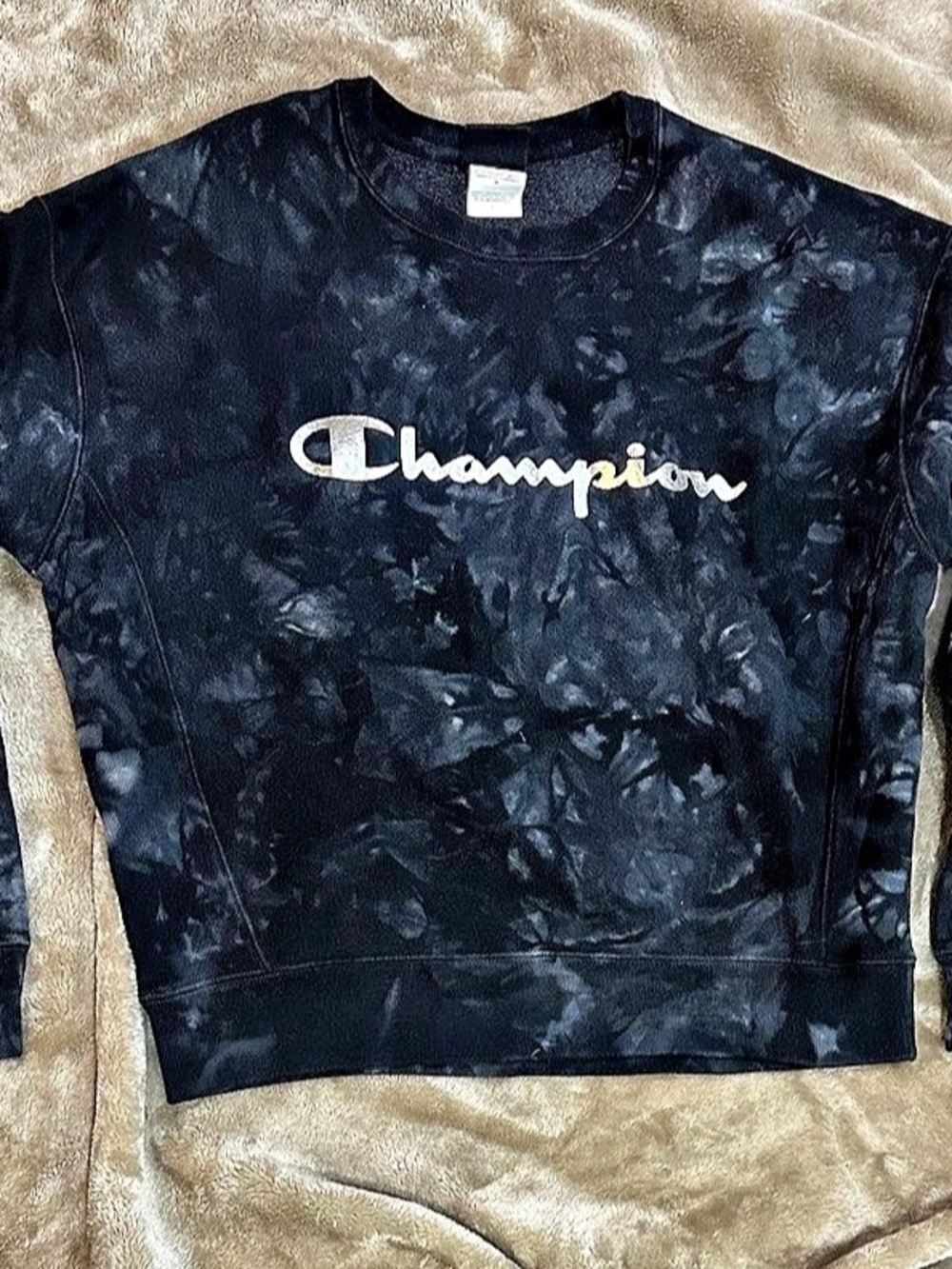 Champion Black Crush Dye Crew Sweatshirt Metallic Logo Womens Large